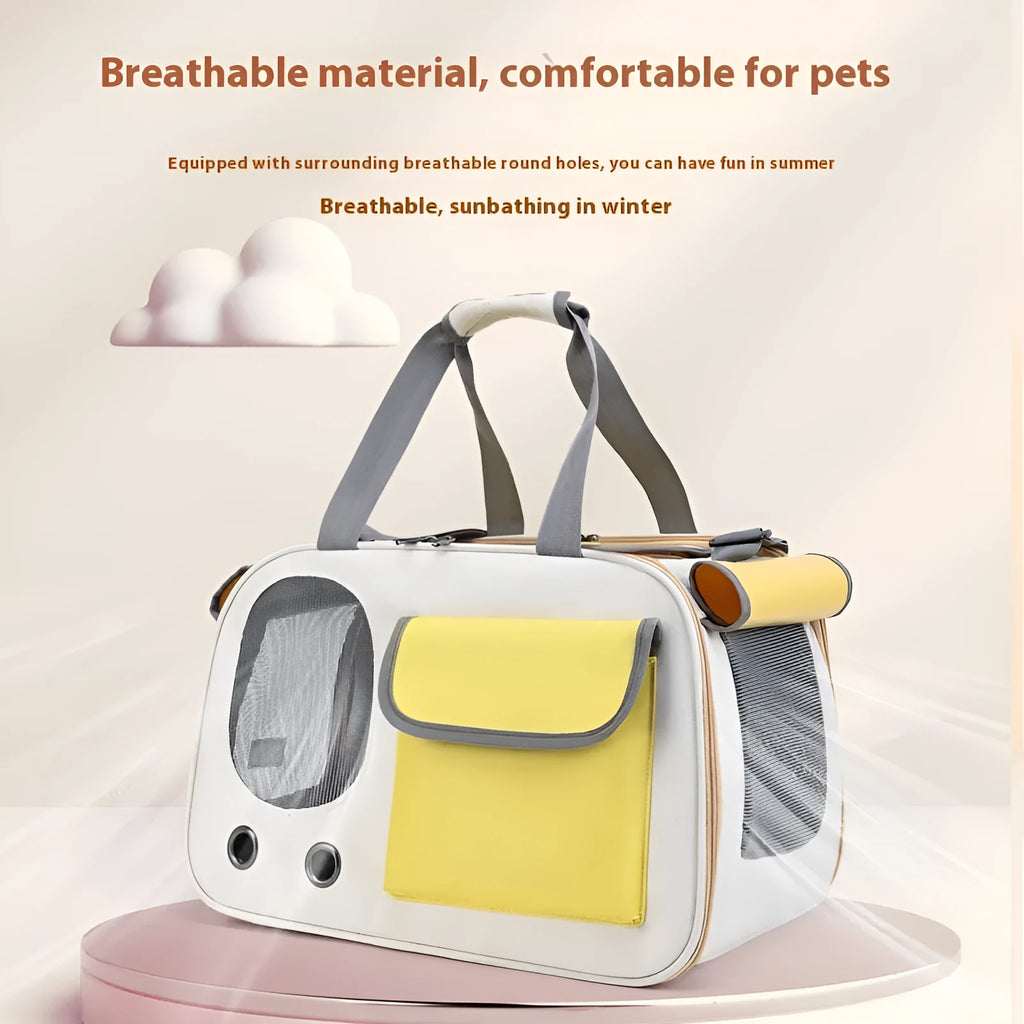 Yellow foldable canvas pet carrier backpack for cats and dogs with a single shoulder strap.