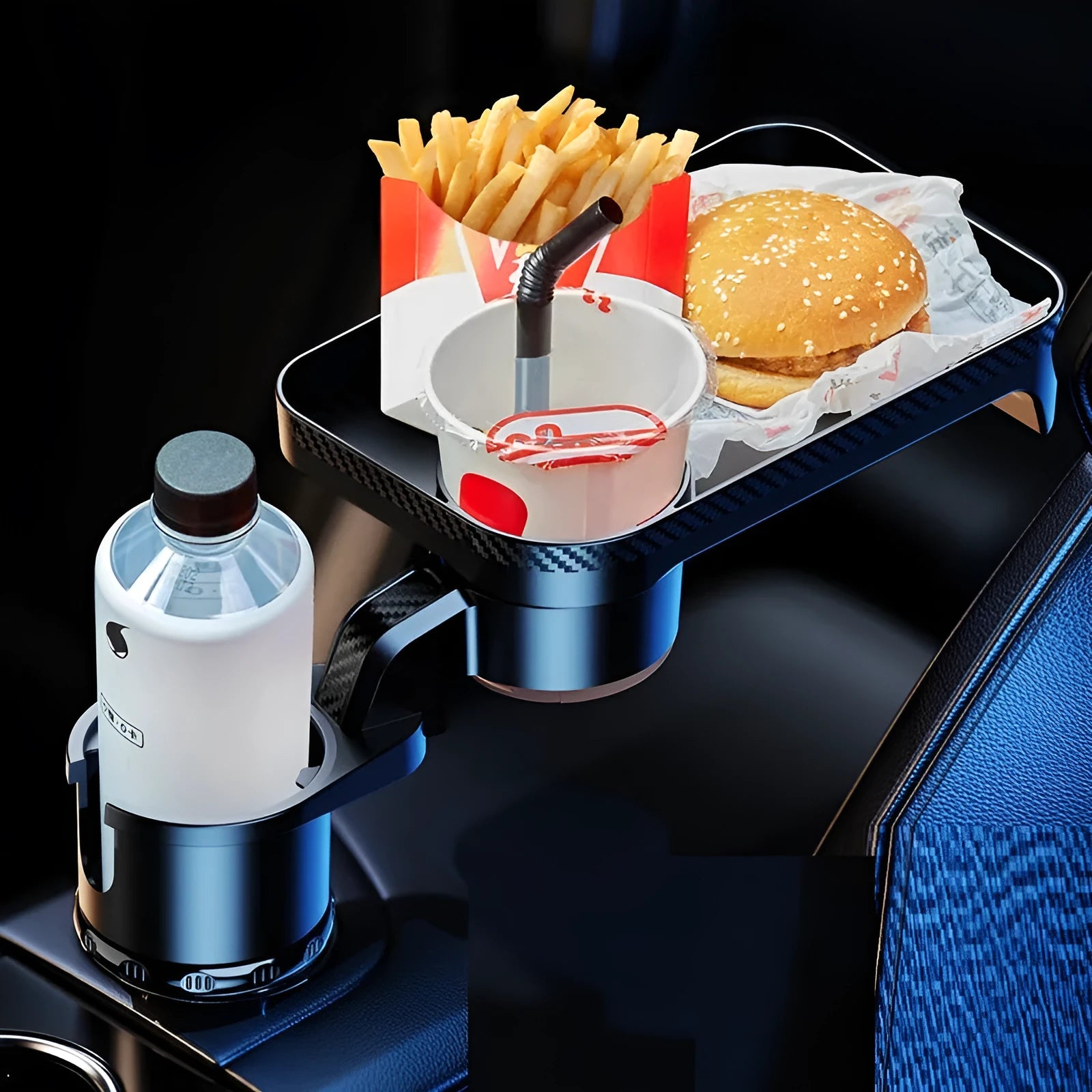 Black ABS plastic car dinner tray holder rotating in a vehicle cup holder.
