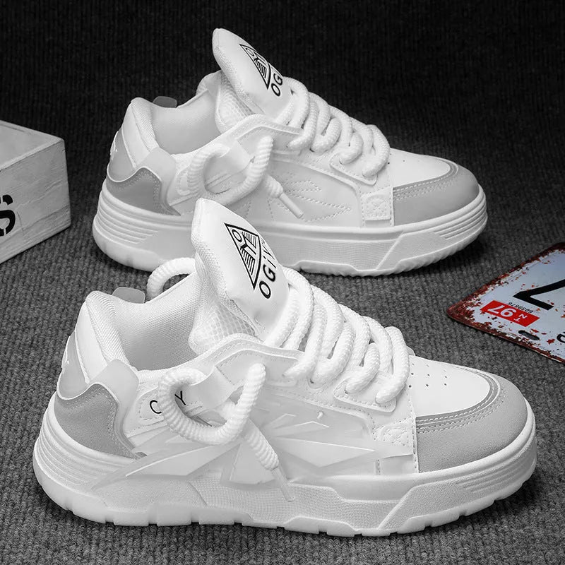 Men's white thick-bottom clunky sneakers with a round toe and lace-up front.
