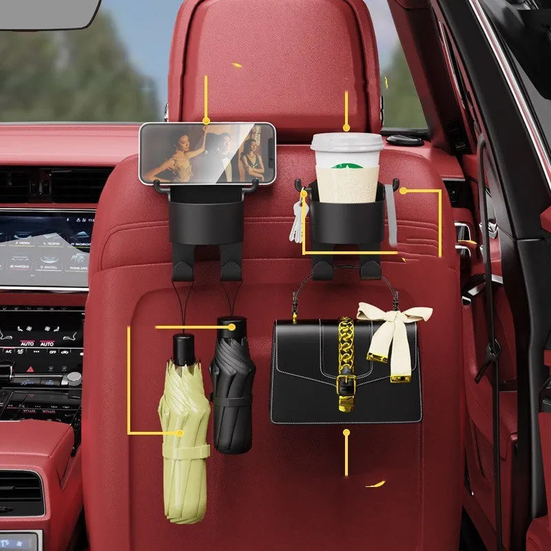 Black plastic car seat back organiser with cup holder and hook, shown from the side.