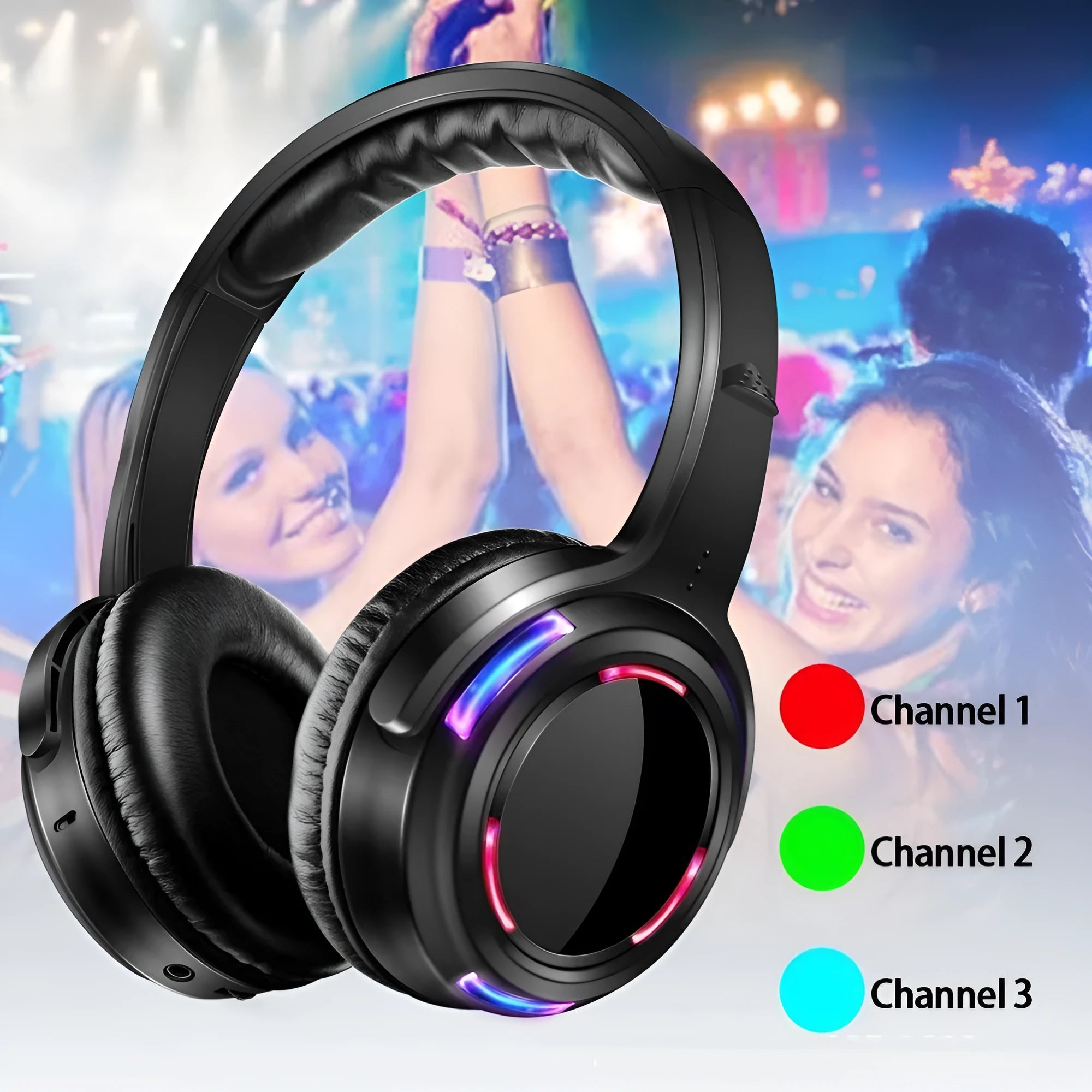 Black silent disco wireless headphones with over-ear design, 40mm speakers, and a 3-metre cable ending in a 3.5mm audio plug.