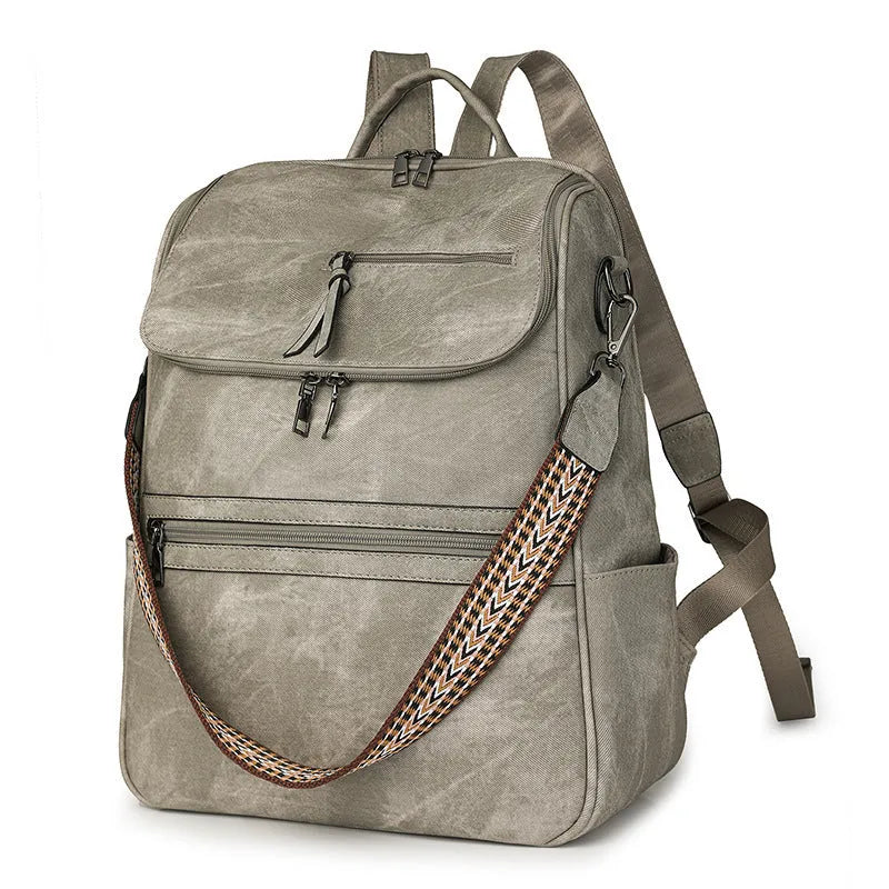 Retro college backpack in black PU leather with curved shoulder straps and stitching details