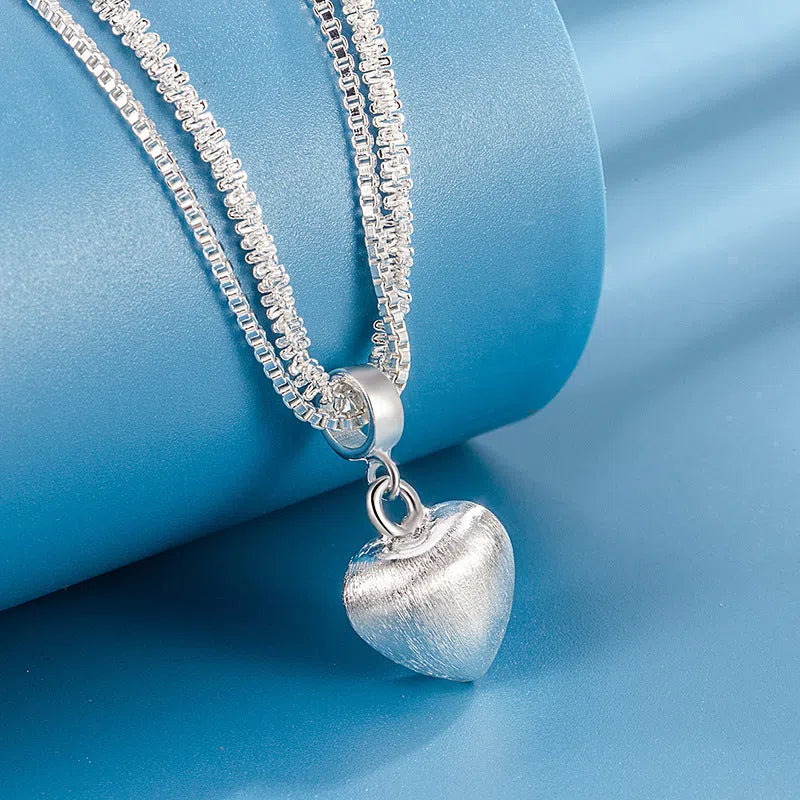Double layer brushed heart pendant necklace for women, copper with electroplating, water wave chain