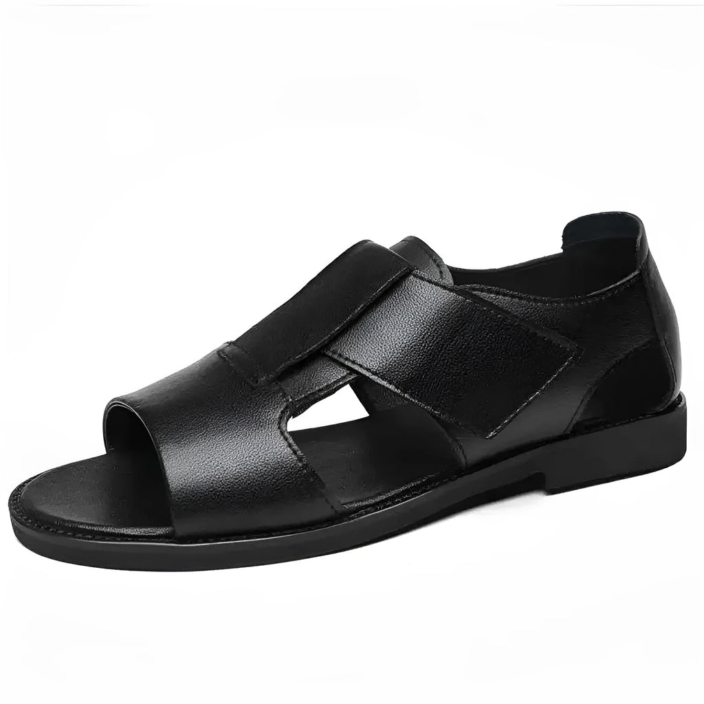 Men's black leather casual sandals with open toe and rubber sole on a plain background.