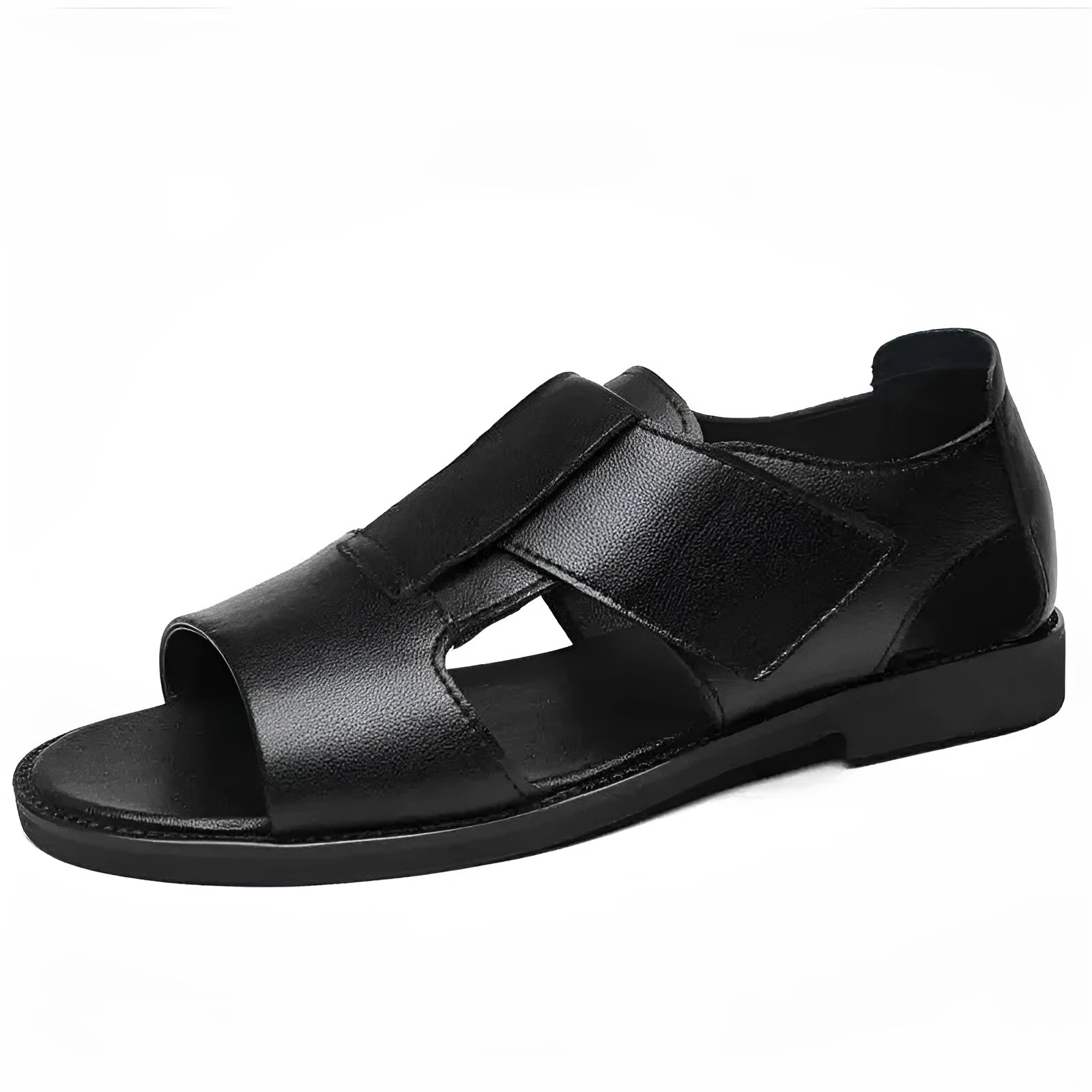 Men's black leather casual sandals with open toe and rubber sole on a plain background.