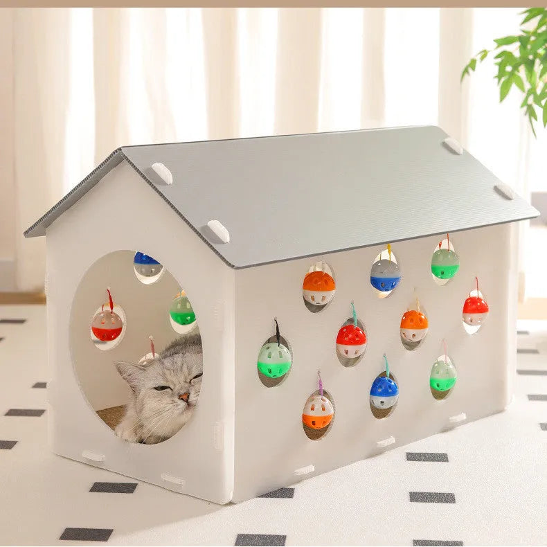 Plastic cat scratch board nest with hanging bell ball toy and tunnel passage
