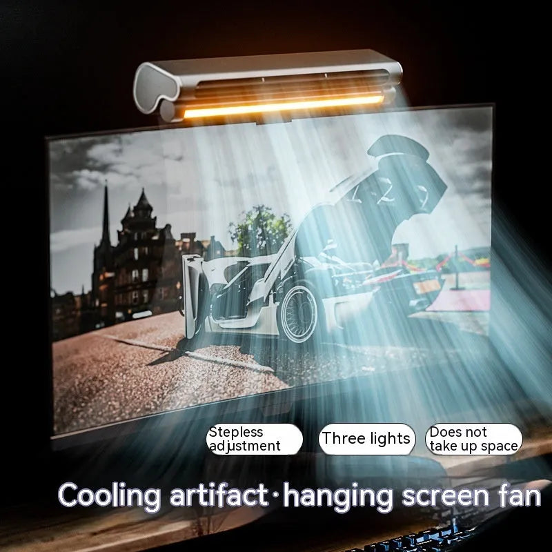 Black clip-on bladeless USB fan attached to laptop screen with LED light illuminated