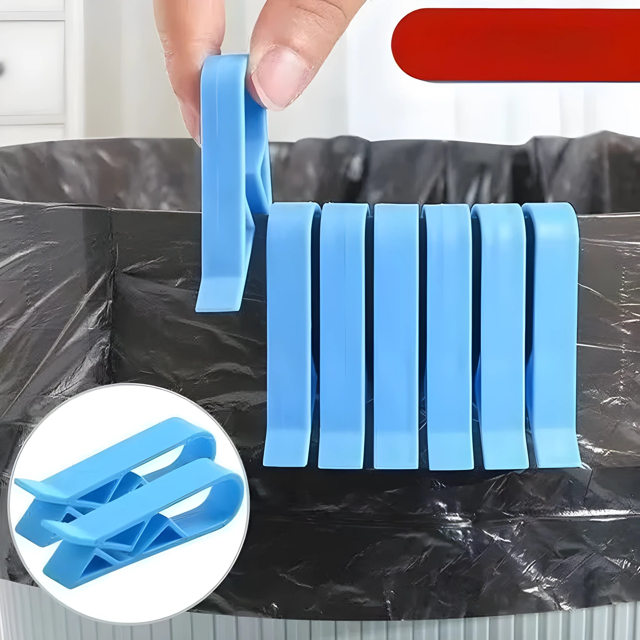 White plastic rubbish bag clip with adjustable 16mm jaws for securing bin liners.