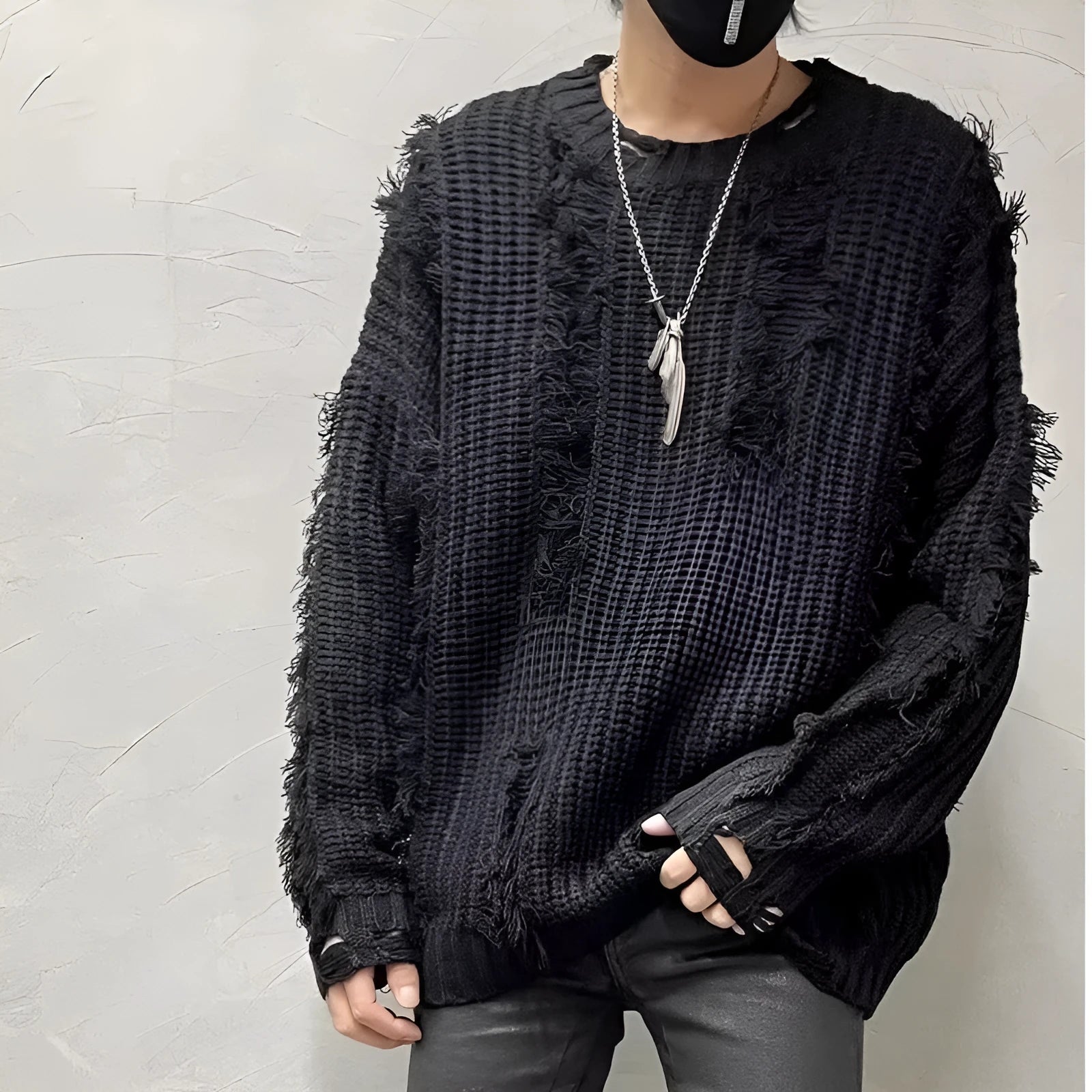 Loose fit tassel ripped knit sweater in cotton blend polyester available in black gray red yellow pink