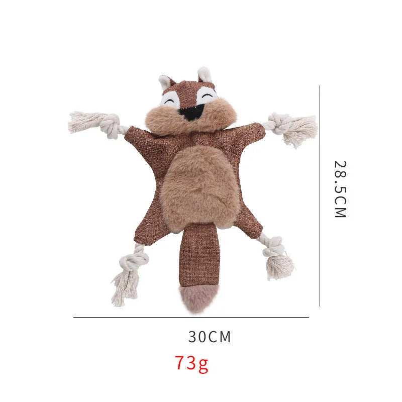 Brown fox-shaped dog toy with squeaker in head, crinkle paper body, and rope arms and legs