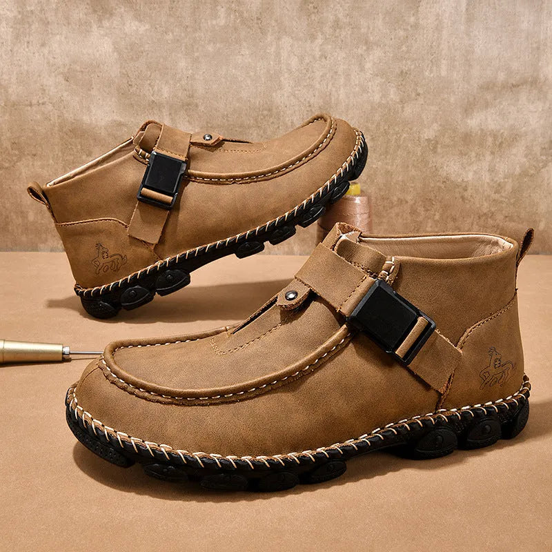 Handmade casual slip-on shoes in black, brown, or green with a flat heel and stitched sole.
