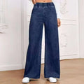 Light blue washed denim trousers with wide-leg straight cut and mid waist design