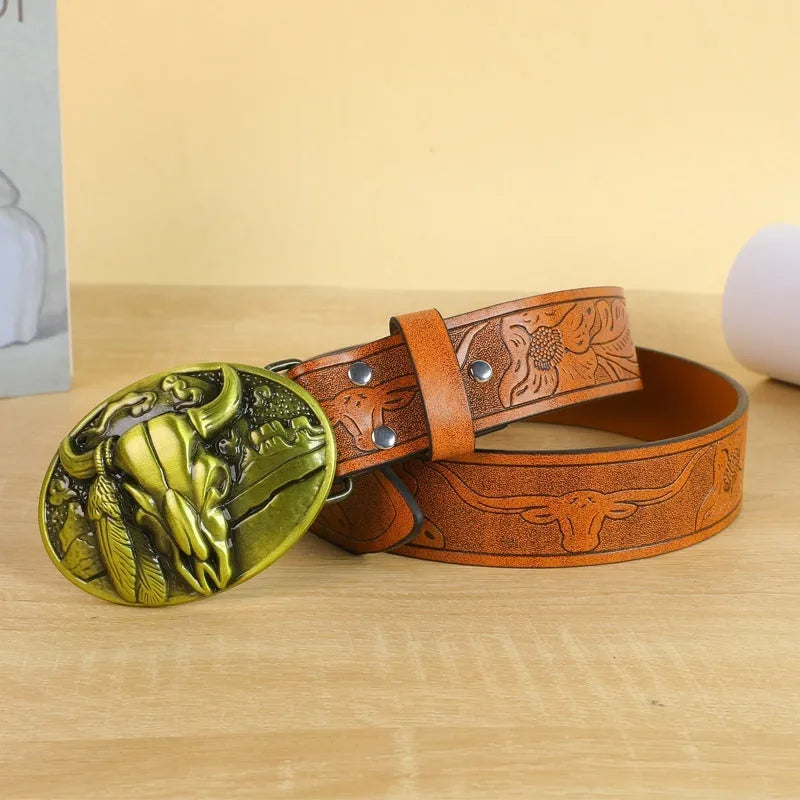 Men's black cow head buckle belt with detailed alloy casting on an imitation leather strap.