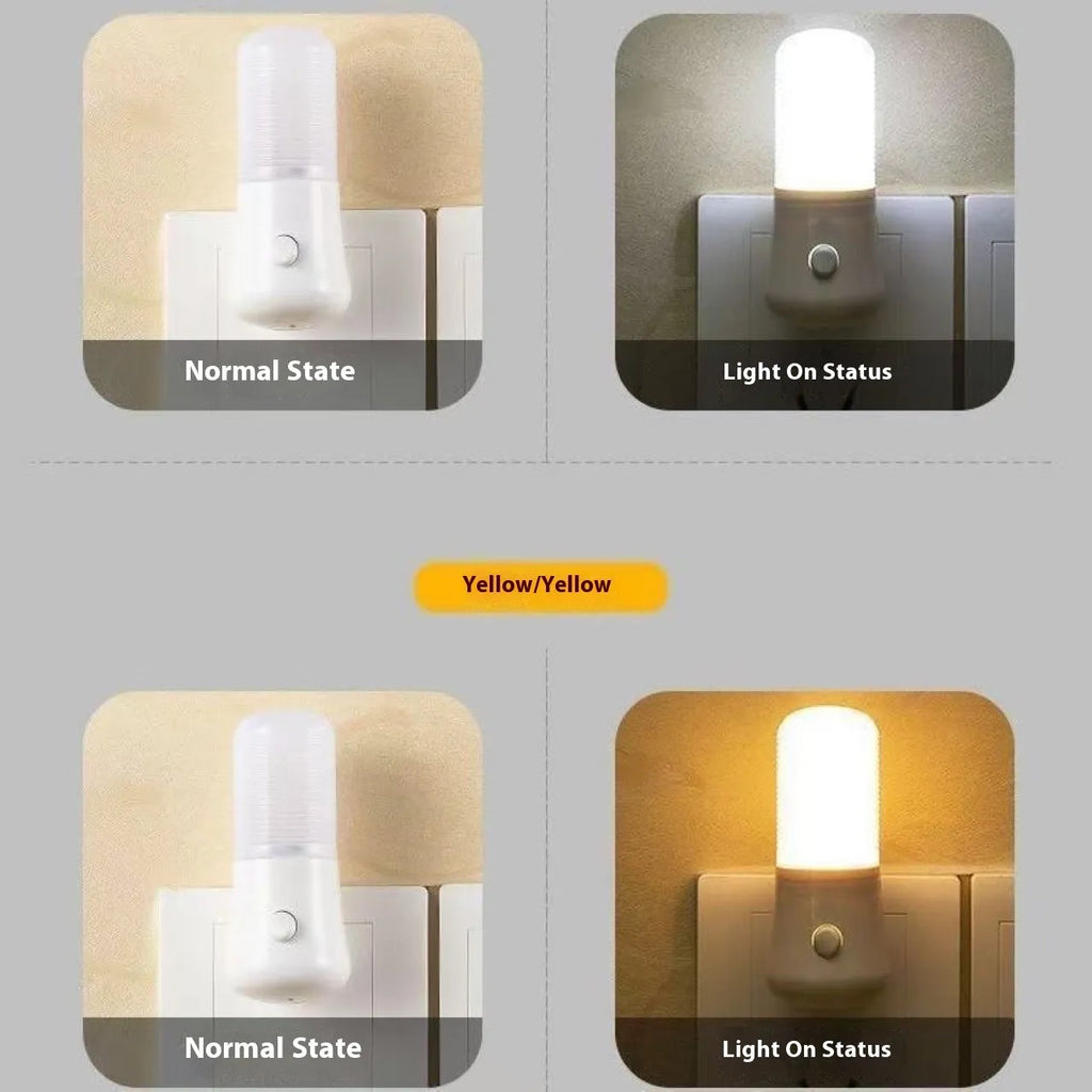 Minimalist plug-in bedside night light with dual colour switch showing white and warm light options