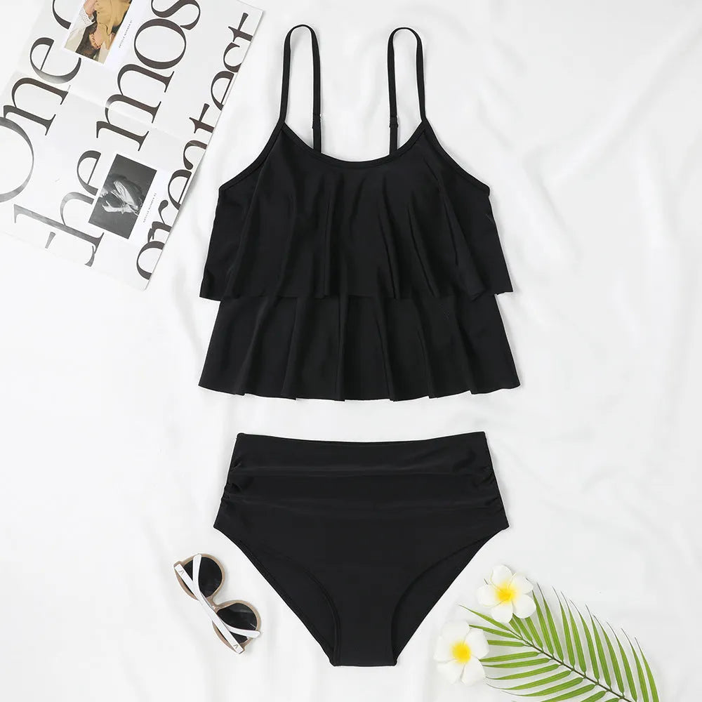 Women's high waist double-layer swimsuit bikini set in black and coconut tree print colours