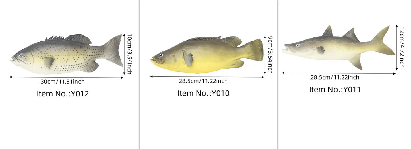 Three PU simulated fish ornaments including yellow-fin tuna and small tuna marine models