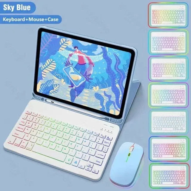 iPad leather protective case with built-in luminous RGB backlit Bluetooth keyboard and optional mouse in various colours.