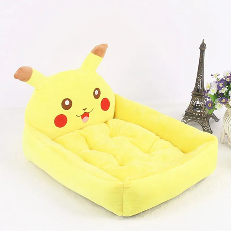 A cartoon-style washable pet sofa bed for small dogs and cats, shown in blue, brown, gray, or pink.