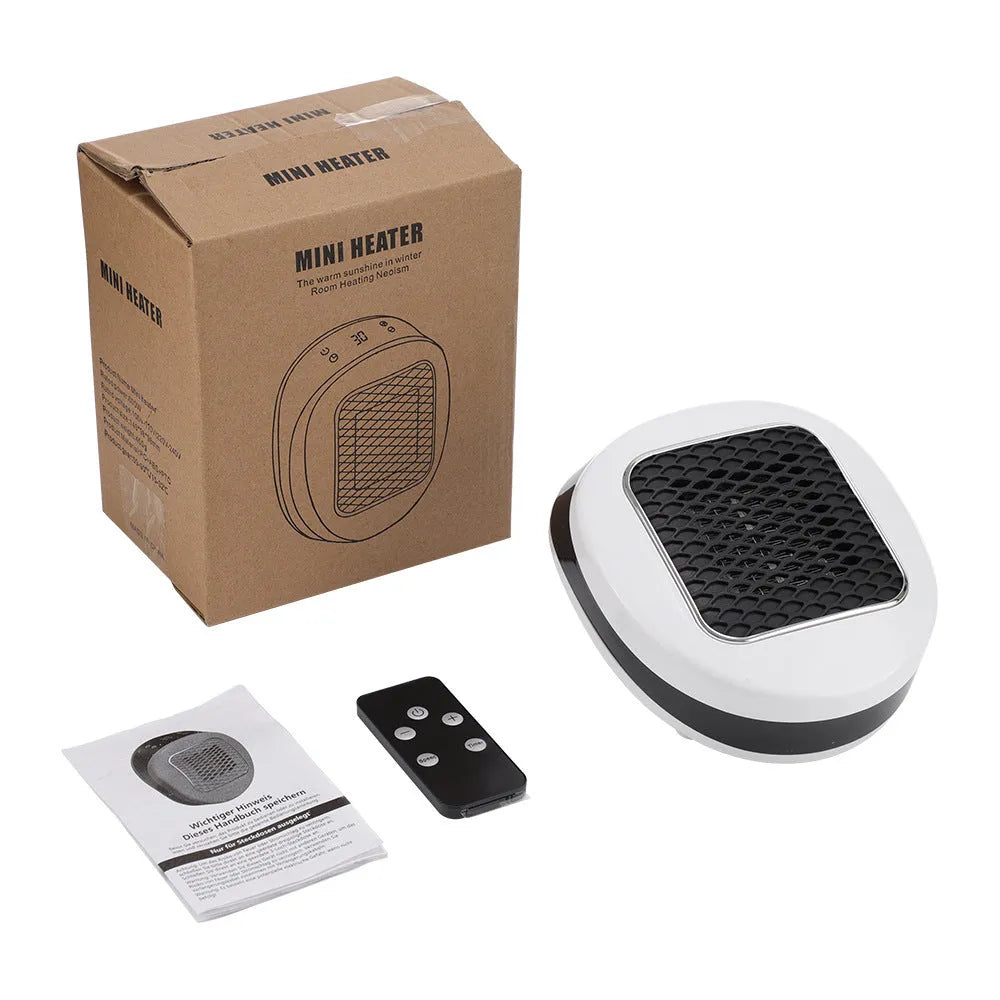 White ceramic heating electric hot air blower heater with remote control on wooden surface