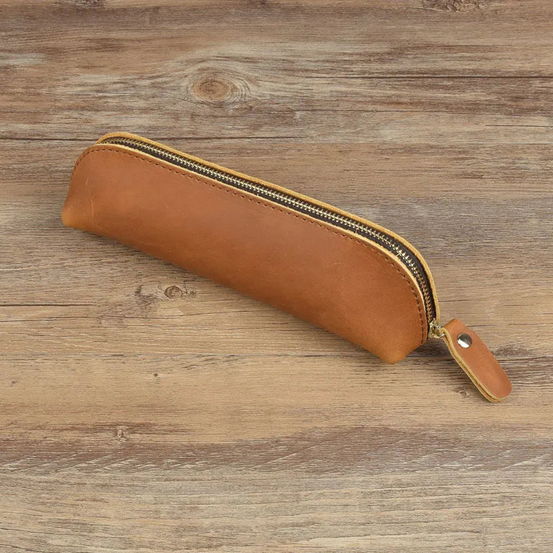 Genuine cowhide leather rectangular pencil case with zipper closure