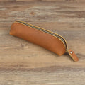 Genuine cowhide leather rectangular pencil case with zipper closure