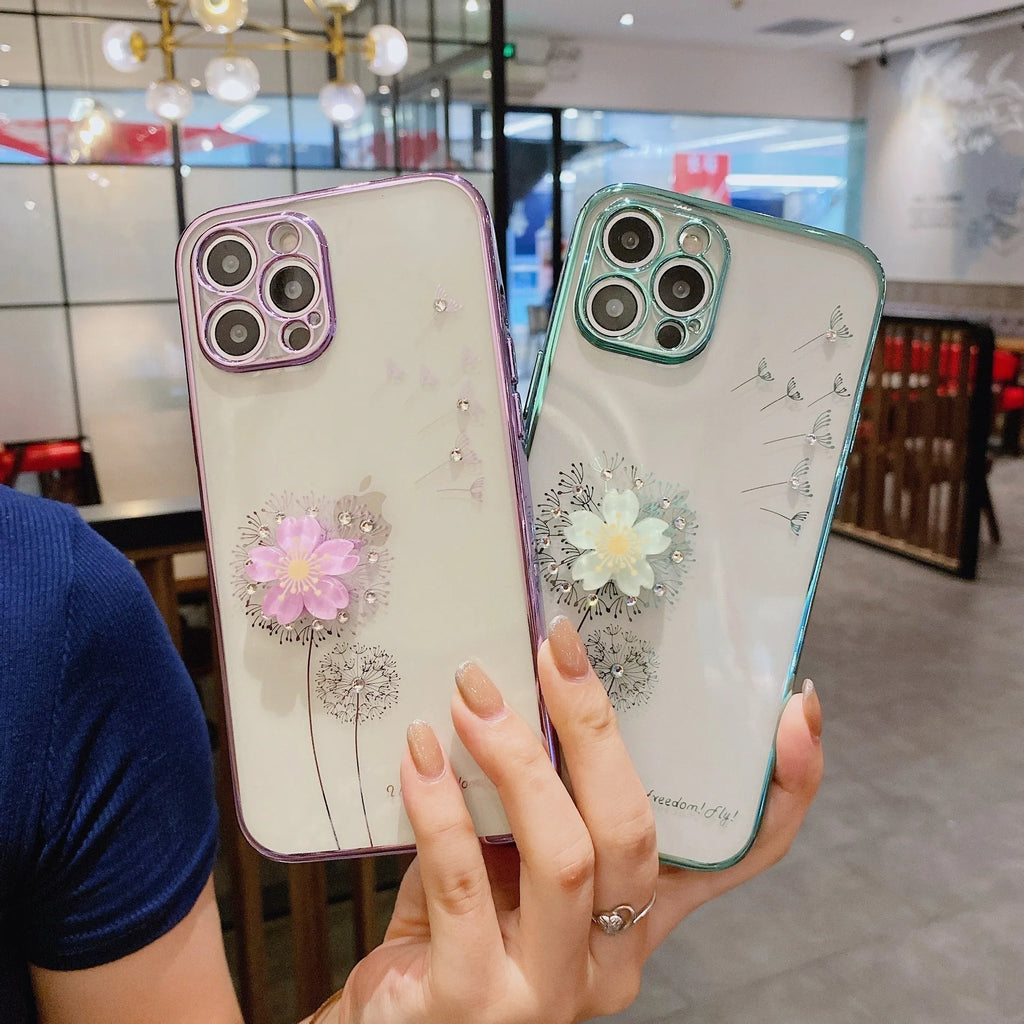 Green 3D flower design phone case with spin stand for iPhone, showing built-in screen protector.