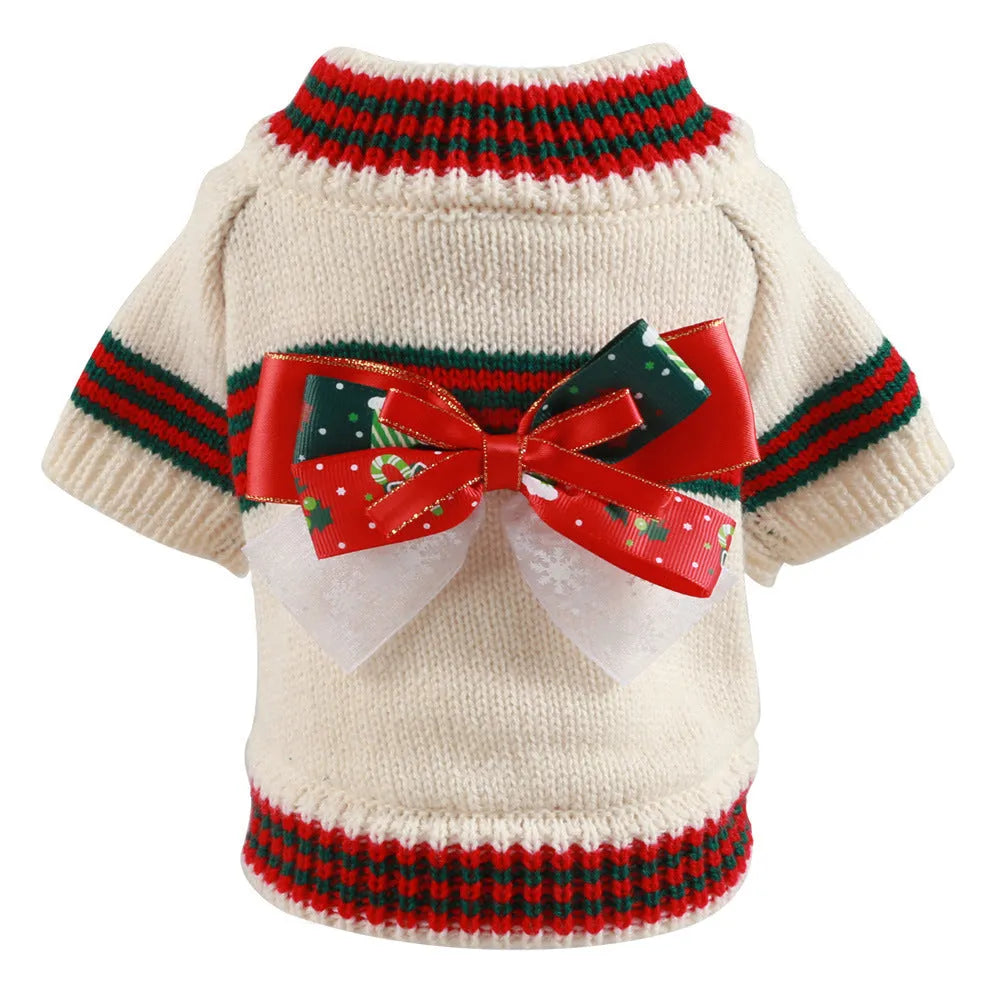 A red polyester Christmas jumper for a dog, shown on a mannequin, with sizes ranging from XS to XL.