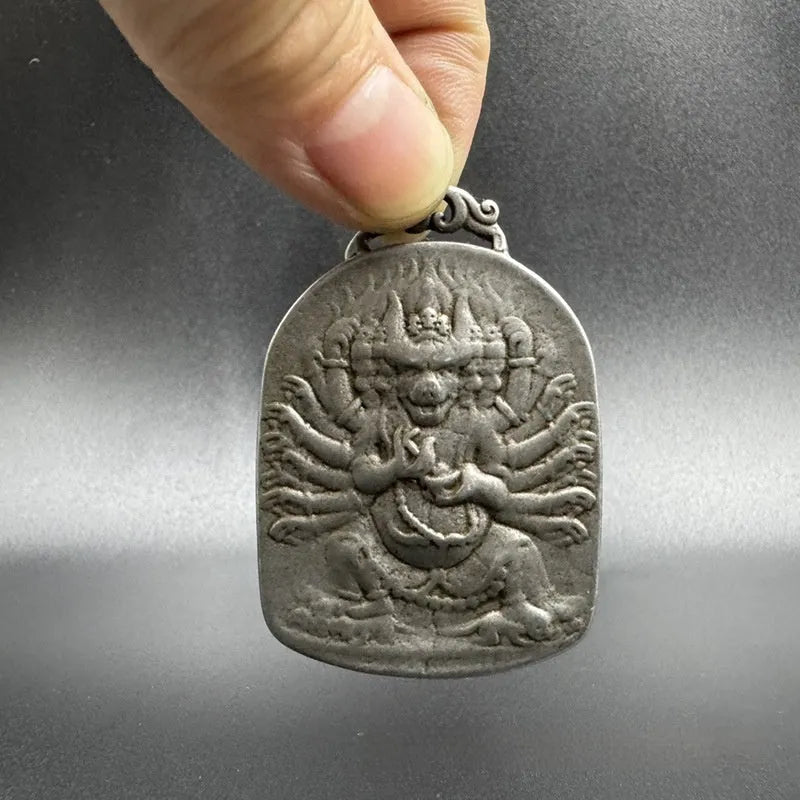 Chinese style iron metal pendant with geometric design in Aryaacalanatha Yamantaka coloration