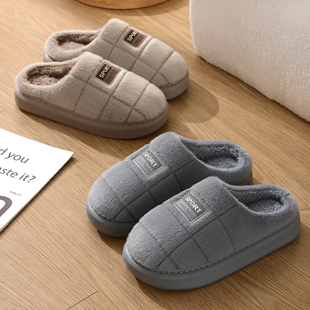 Men's brown rabbit hair winter slippers with thick EVA soles and artificial wool lining