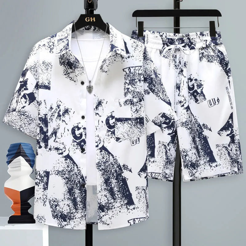 Men's casual two-piece shorts set in polyester, showing short-sleeve top and matching shorts.