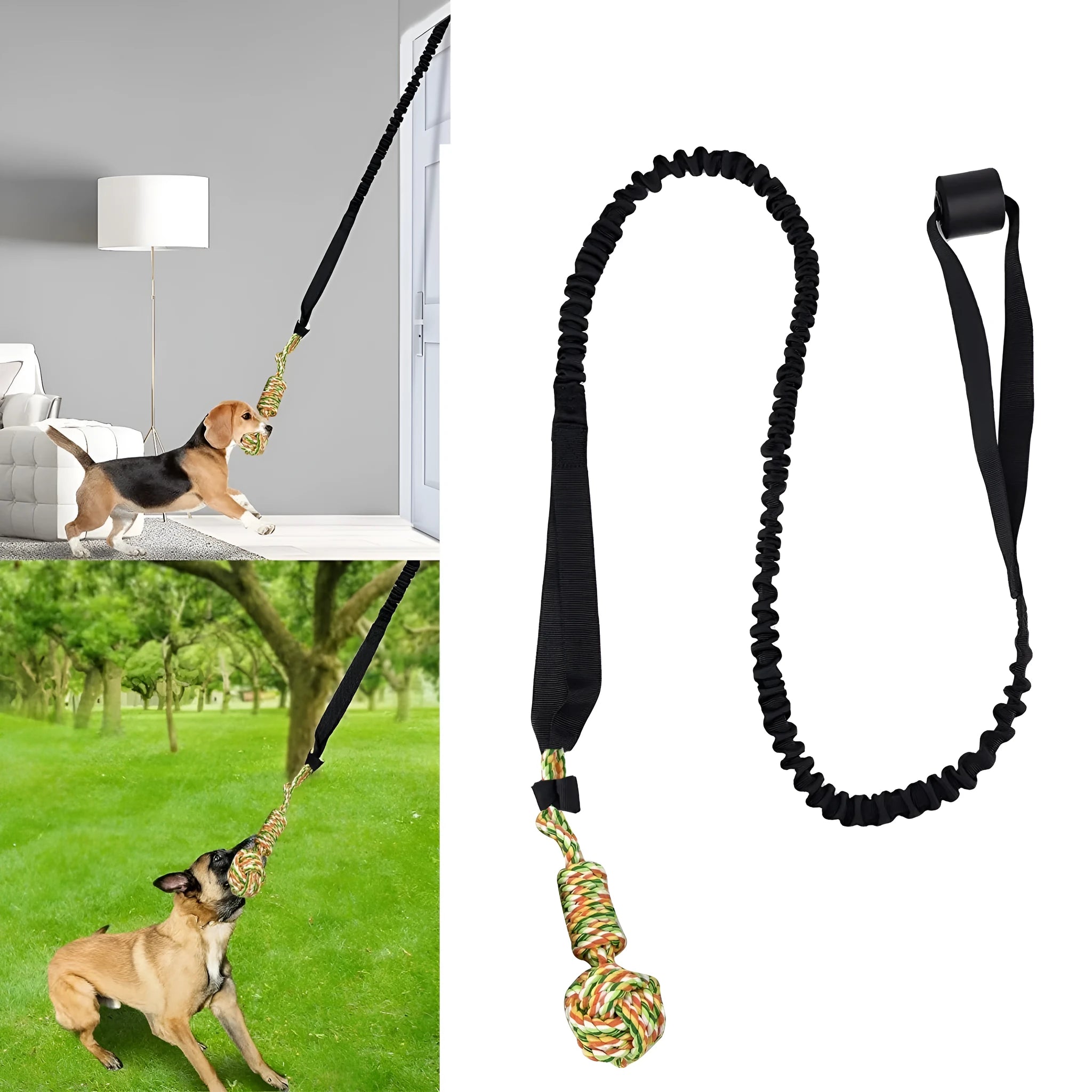 Cotton dog tug rope toy in red, grey, and black colour options.