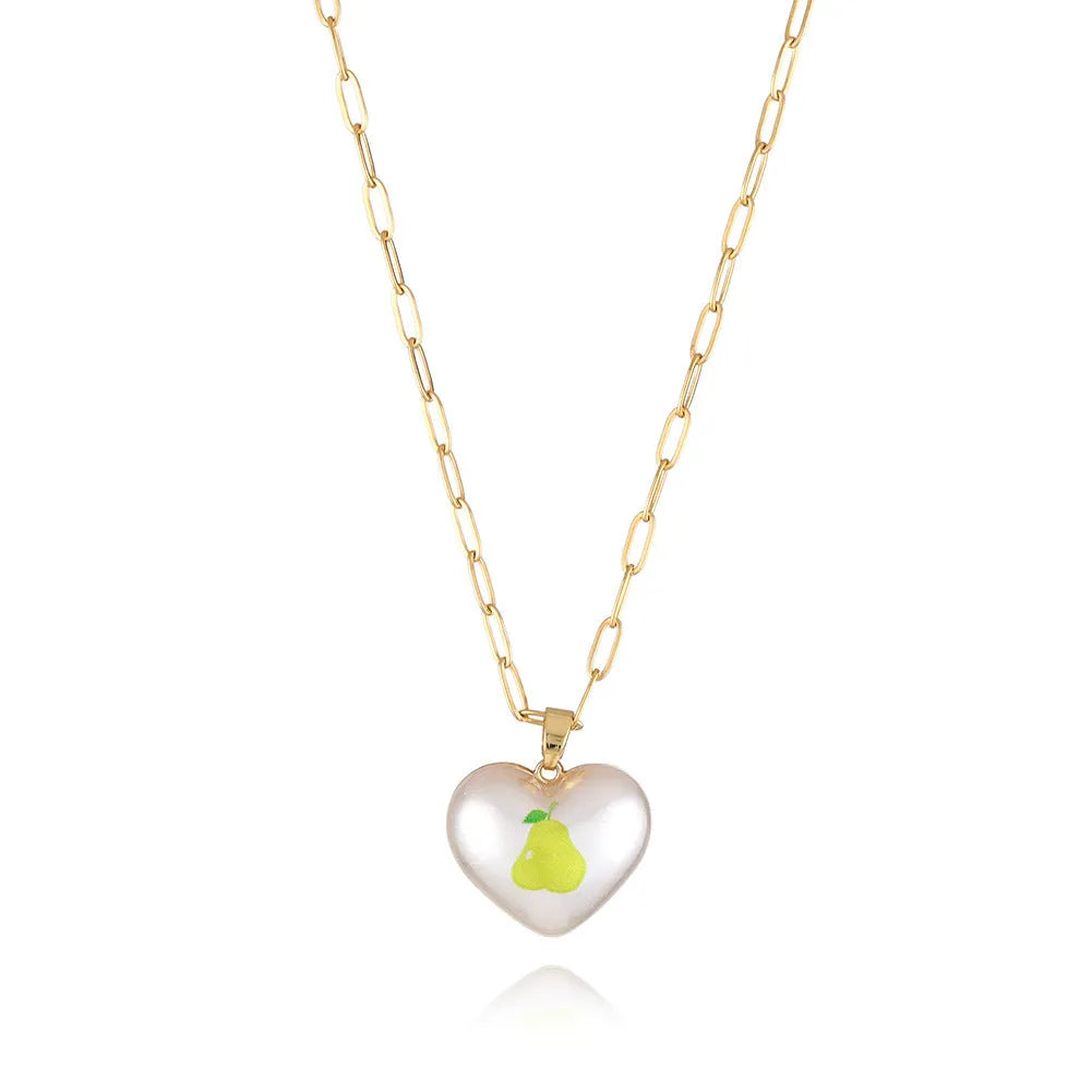 Adjustable girls necklace with a choice of apple, cherry, pear, pineapple, or strawberry heart-shaped pendant.