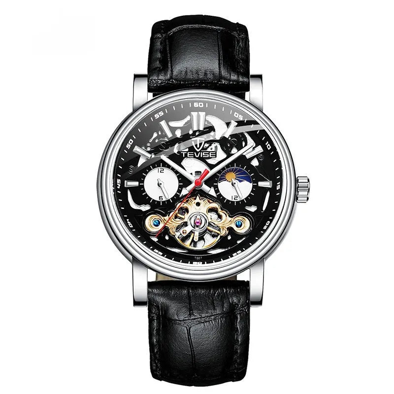 Men's black mechanical wristwatch with tourbillon detail and luminous hands on a leather strap.