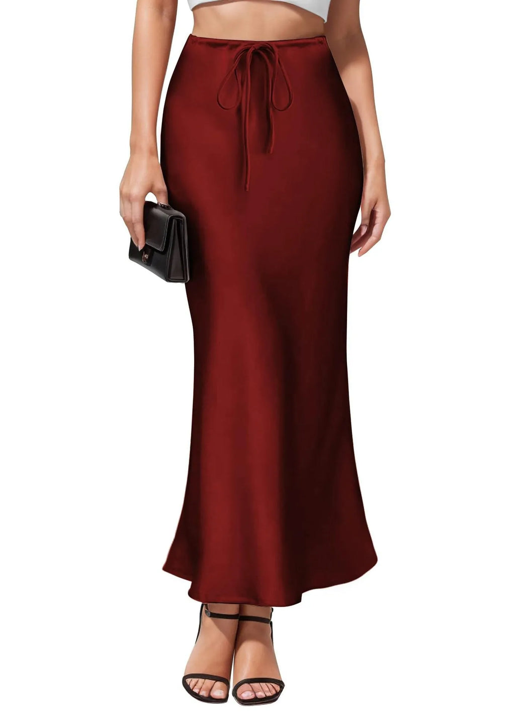 Asymmetric acetate satin skirt in milky white showing high waist design and irregular stitching detail