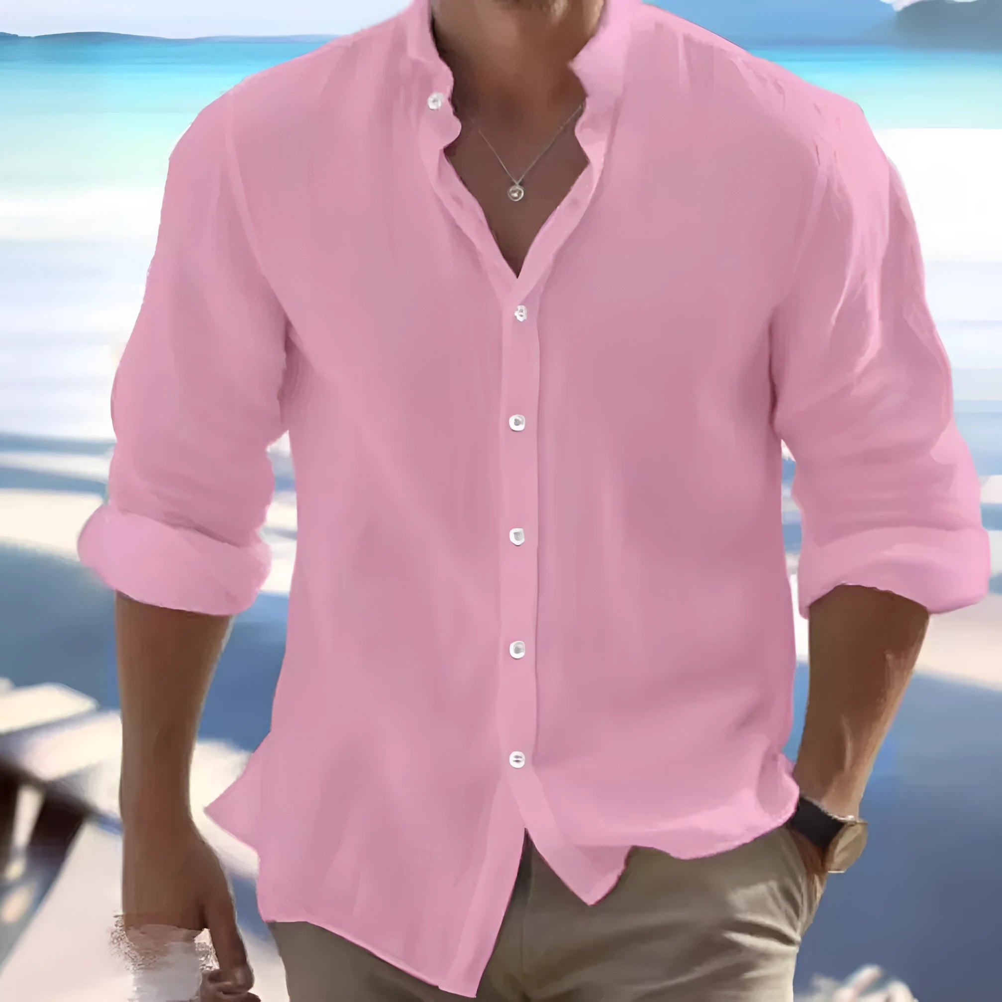 Men's light grey long-staple cotton pullover shirt on a hanger