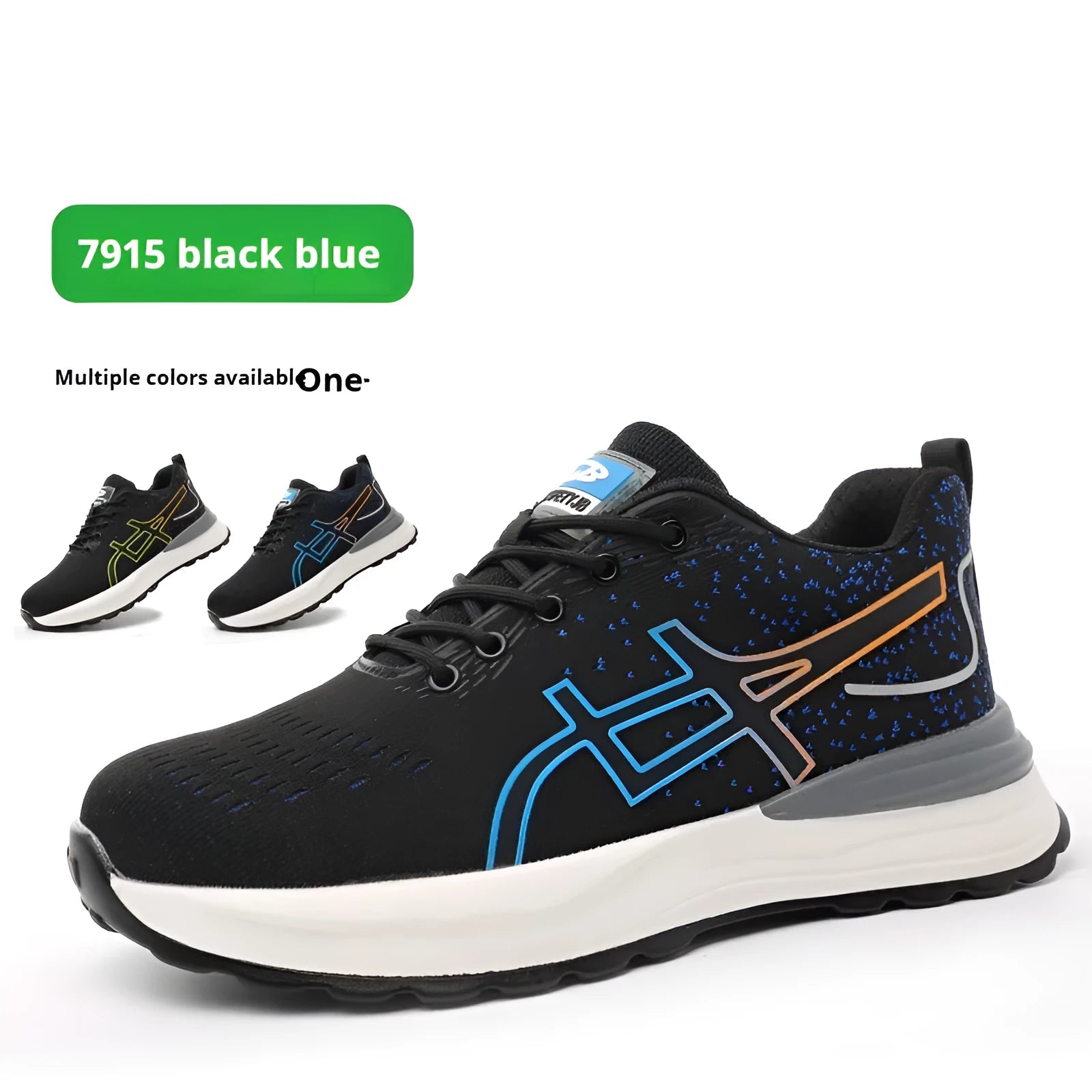 Black and blue low-cut safety shoes with a mesh upper and rubber sole for industrial protection.