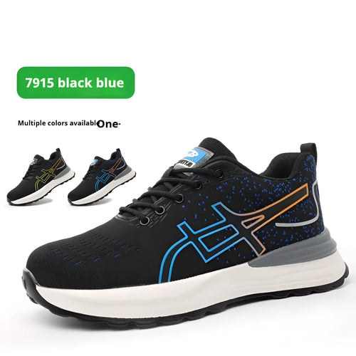 Black and blue low-cut safety shoes with a mesh upper and rubber sole for industrial protection.