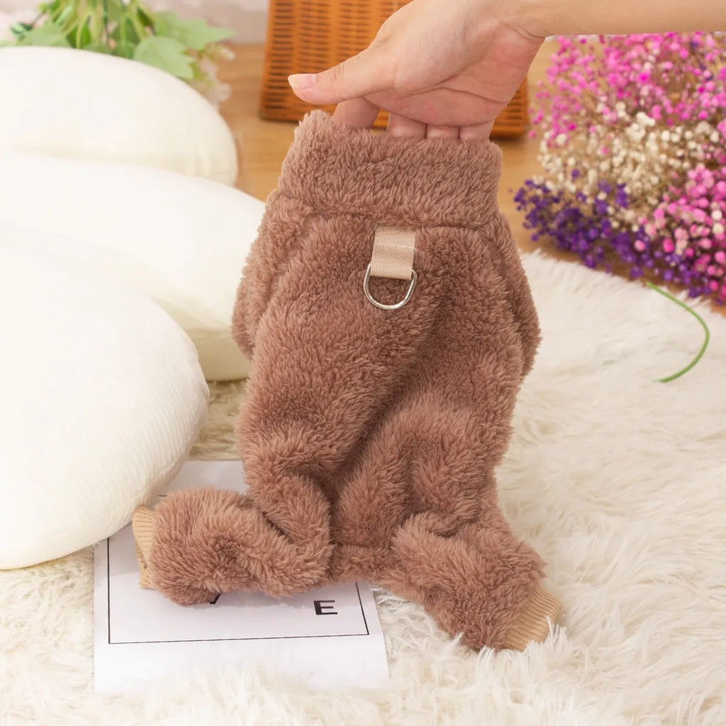 Double-sided thick plush dog clothes with high collar and towing ring in khaki pink or blue