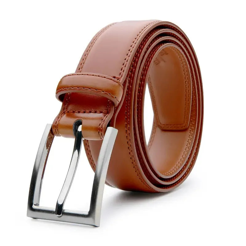 Men's brown genuine leather belt with alloy buckle showing 95 pattern grain, laid flat to display length.