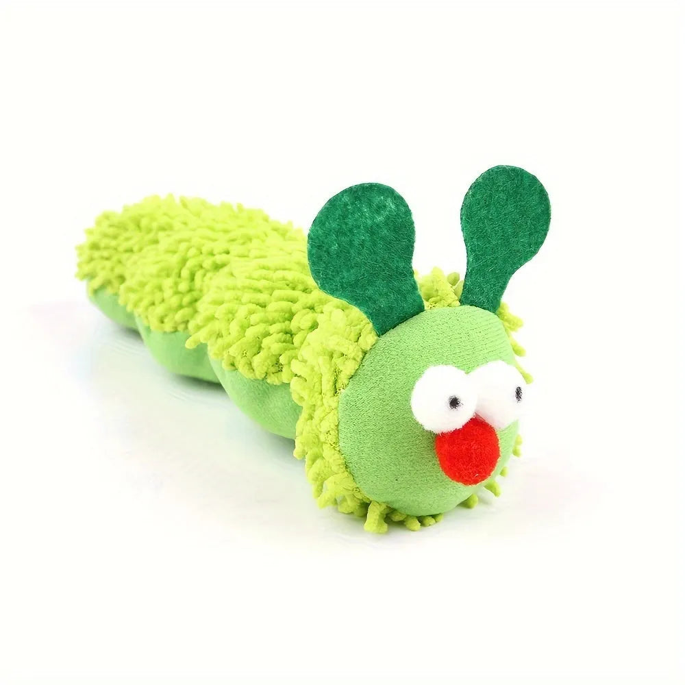Green interactive plush cat toy pillow on a white background, showing its 24cm length.