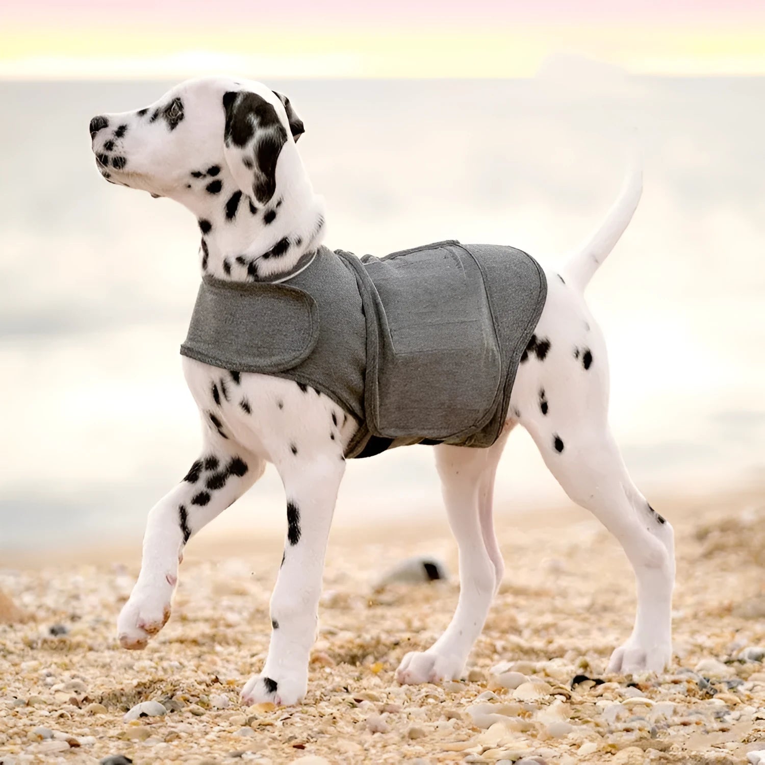 Heather grey brocade cotton dog anxiety jacket vest sized for dogs from under 4kg to over 50kg.