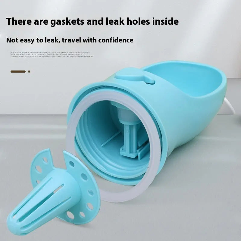 Blue portable plastic dog water bottle with flip-out drinking bowl for walks and travel.