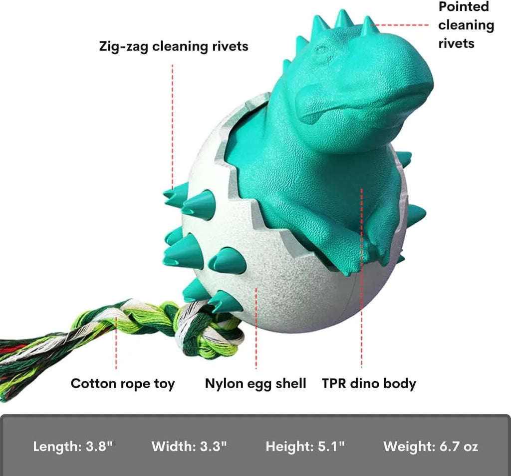 Durable dinosaur-shaped dog teething toy with rope attachment in blue, green, orange or yellow