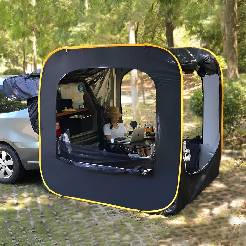 Black pop-up car tail tent with quick-throw setup and 200cm dimensions for 3-4 person camping