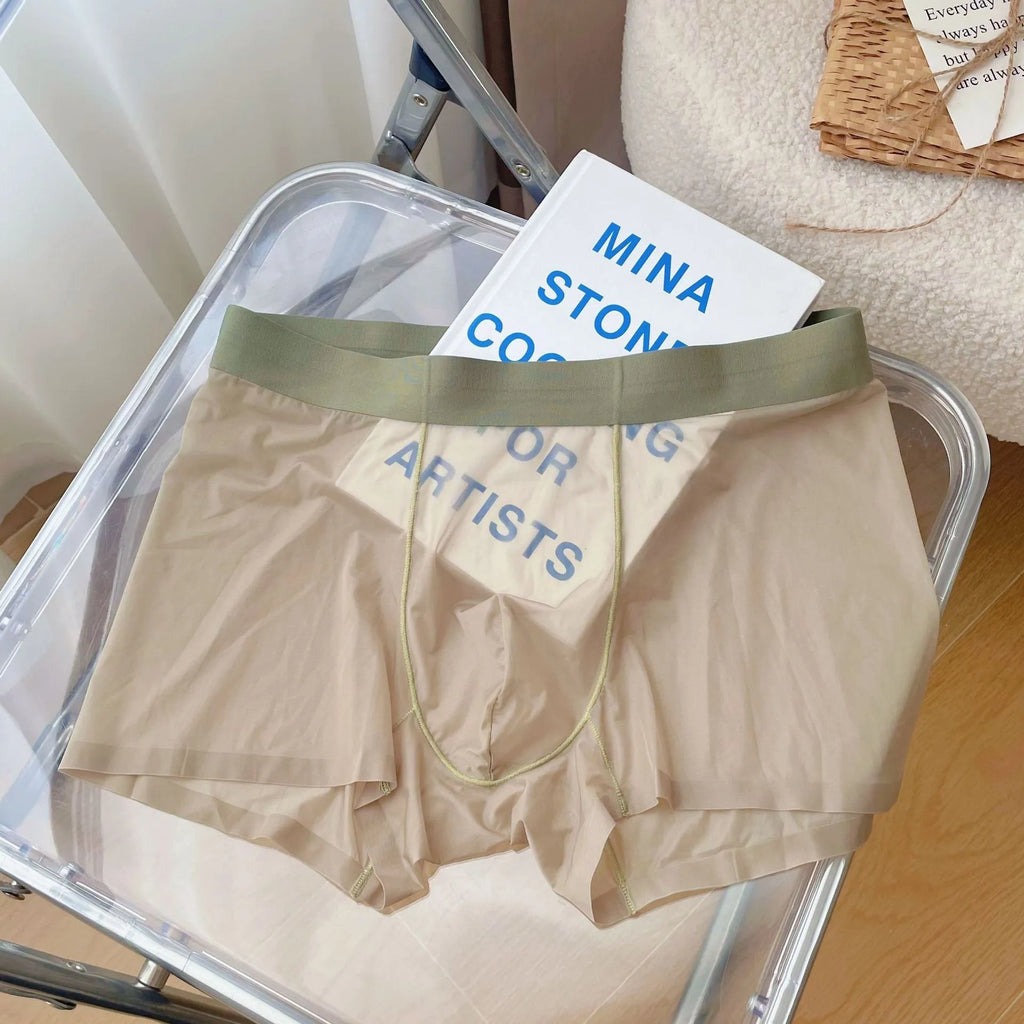 Men's thin knit nylon boxer shorts in rock ash colour showing seamless construction and mid-waist design