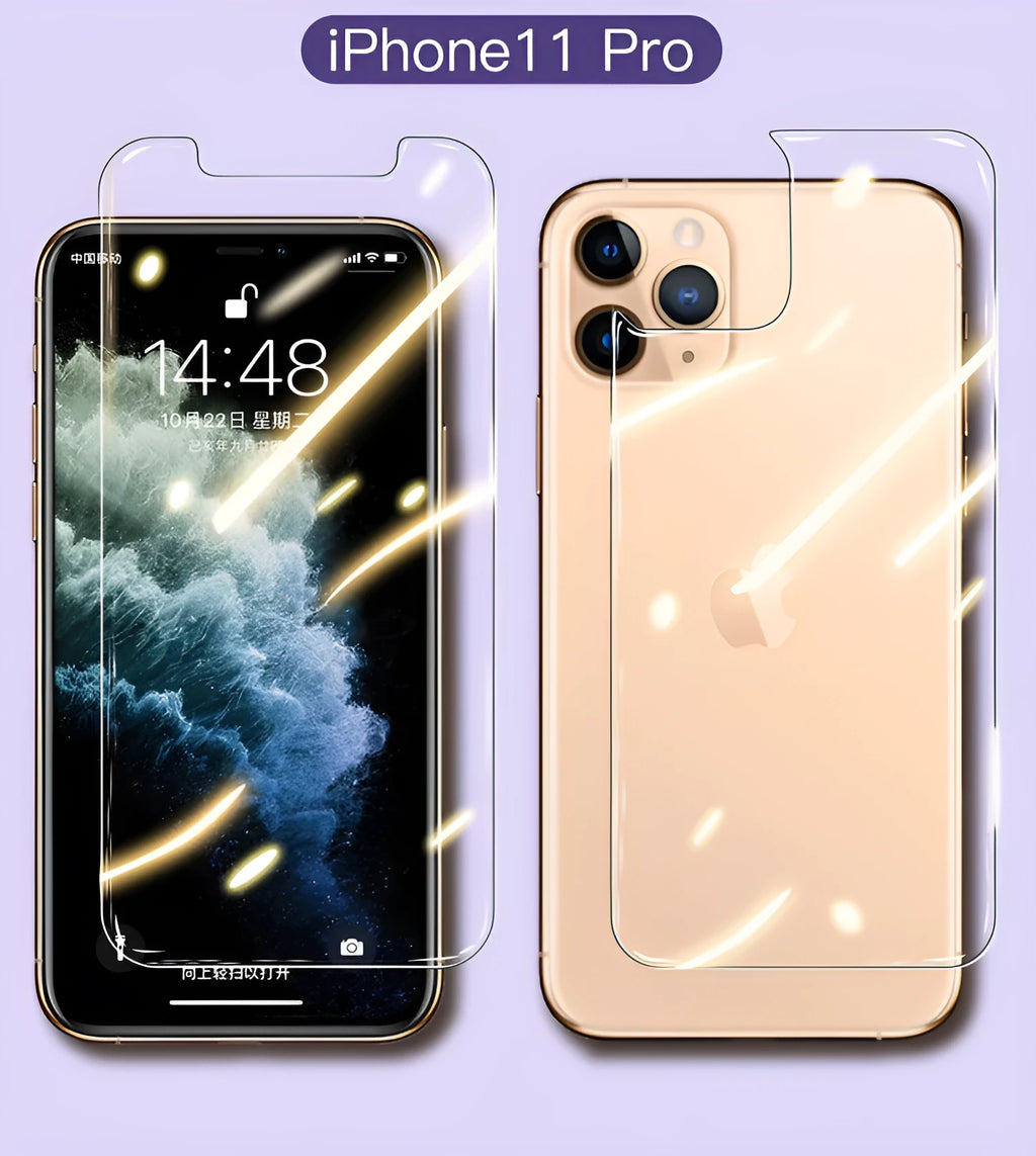 Tempered glass screen and rear camera protectors for Apple iPhone models on a white background.