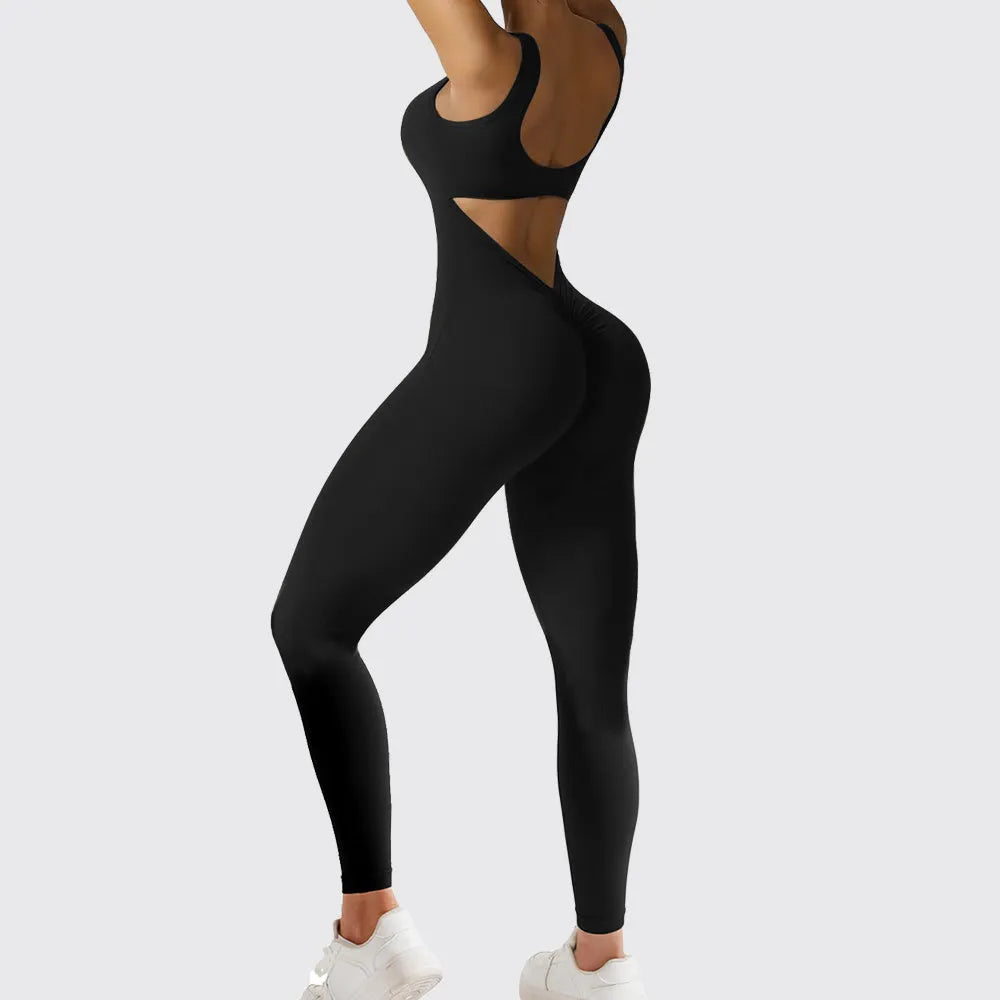 Women's sleeveless flare jumpsuit long pants in Army Green colour for yoga fitness.