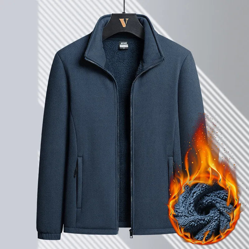 Men's grey Berber fleece cardigan coat with stand-up collar and zippered pockets
