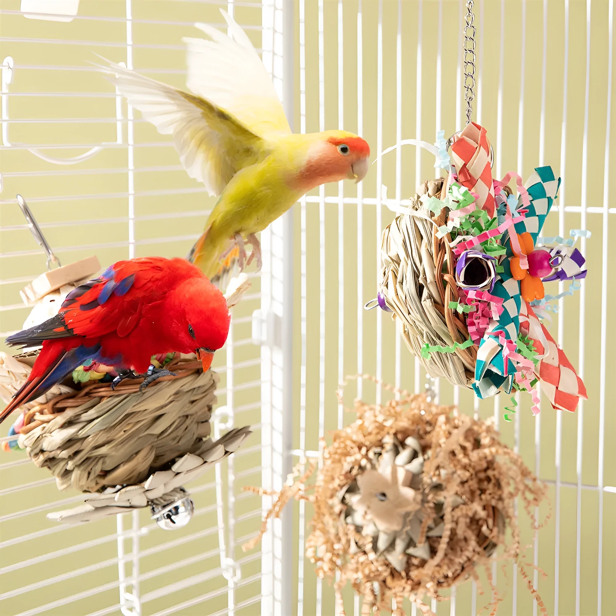 Set of three bird chewing toys for parrot gnawing and molar activities