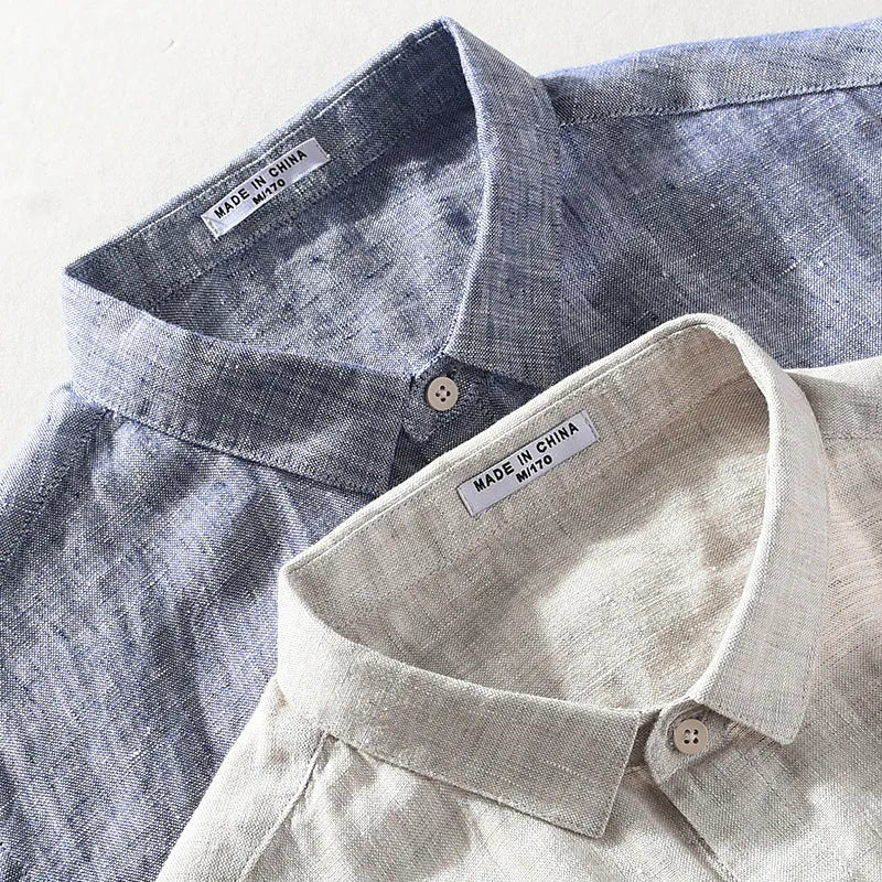 Men's raw jute linen short sleeve shirt with square collar on hanger